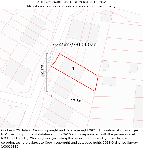 4, BRYCE GARDENS, ALDERSHOT, GU11 3SZ: Plot and title map