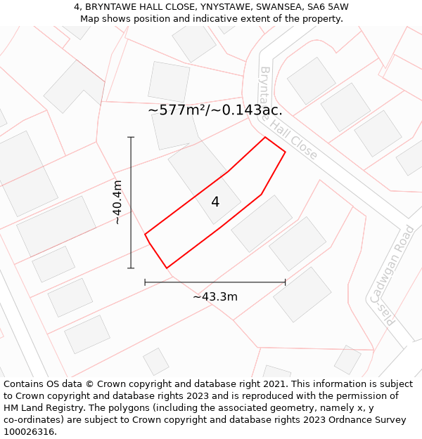 4, BRYNTAWE HALL CLOSE, YNYSTAWE, SWANSEA, SA6 5AW: Plot and title map