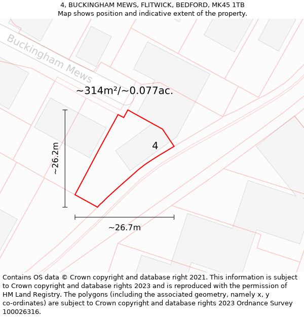 4, BUCKINGHAM MEWS, FLITWICK, BEDFORD, MK45 1TB: Plot and title map