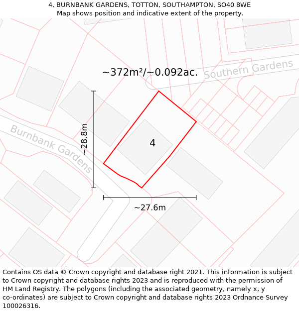 4, BURNBANK GARDENS, TOTTON, SOUTHAMPTON, SO40 8WE: Plot and title map