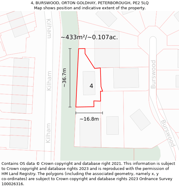 4, BURSWOOD, ORTON GOLDHAY, PETERBOROUGH, PE2 5LQ: Plot and title map