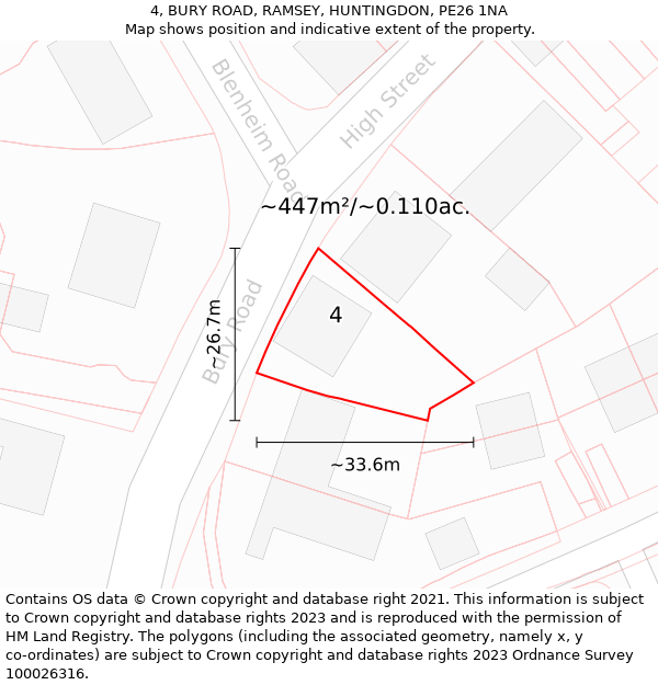 4, BURY ROAD, RAMSEY, HUNTINGDON, PE26 1NA: Plot and title map