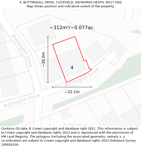 4, BUTTINGHILL DRIVE, CUCKFIELD, HAYWARDS HEATH, RH17 5GQ: Plot and title map