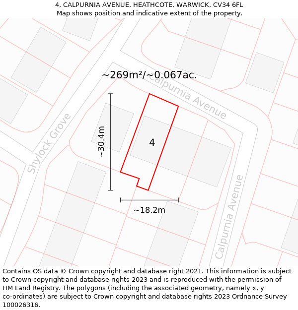 4, CALPURNIA AVENUE, HEATHCOTE, WARWICK, CV34 6FL: Plot and title map