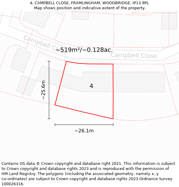 4, CAMPBELL CLOSE, FRAMLINGHAM, WOODBRIDGE, IP13 9PL: Plot and title map