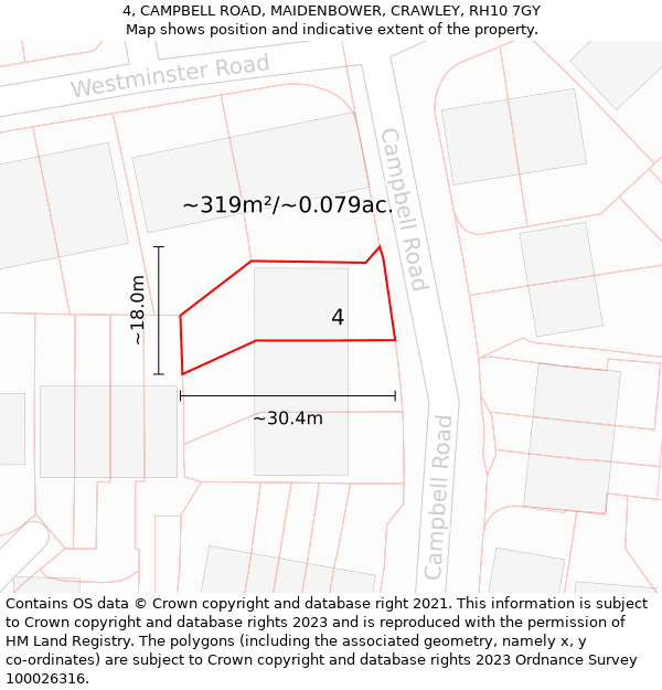 4, CAMPBELL ROAD, MAIDENBOWER, CRAWLEY, RH10 7GY: Plot and title map