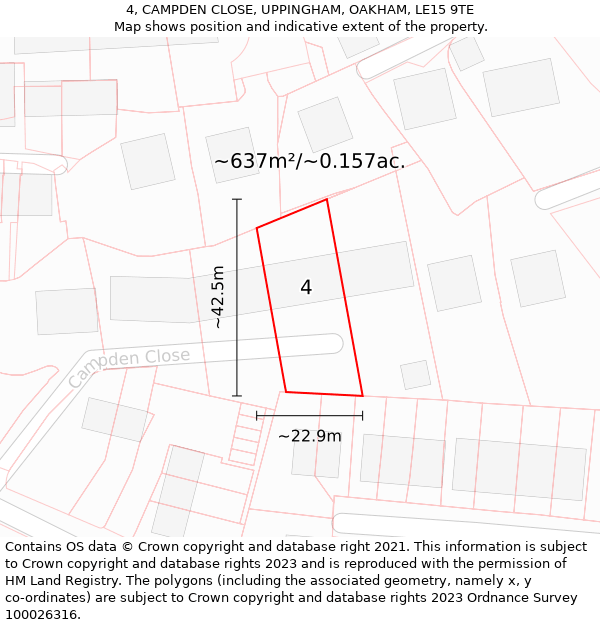 4, CAMPDEN CLOSE, UPPINGHAM, OAKHAM, LE15 9TE: Plot and title map