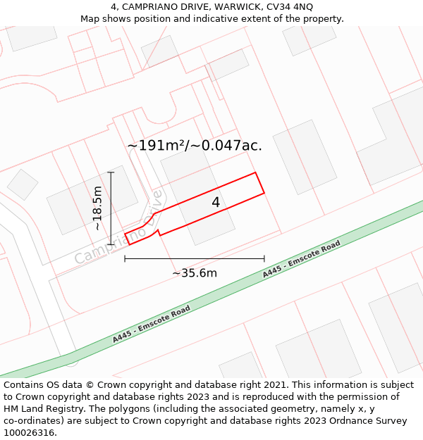 4, CAMPRIANO DRIVE, WARWICK, CV34 4NQ: Plot and title map