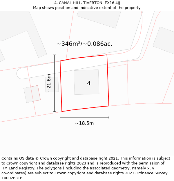 4, CANAL HILL, TIVERTON, EX16 4JJ: Plot and title map