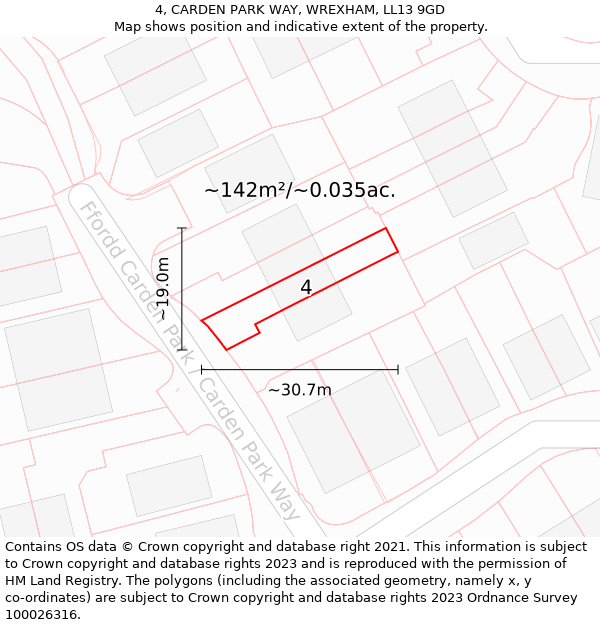 4, CARDEN PARK WAY, WREXHAM, LL13 9GD: Plot and title map