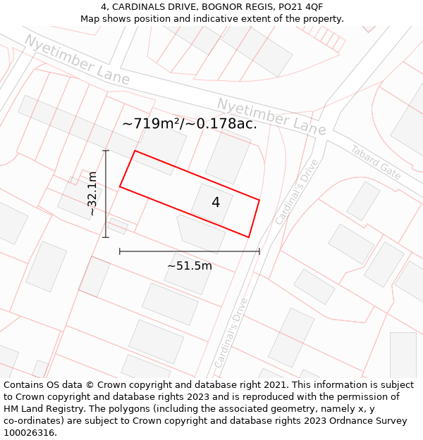 4, CARDINALS DRIVE, BOGNOR REGIS, PO21 4QF: Plot and title map