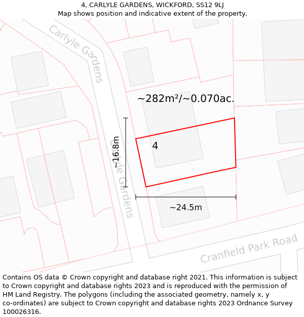 4, CARLYLE GARDENS, WICKFORD, SS12 9LJ: Plot and title map