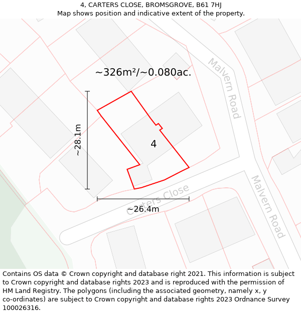 4, CARTERS CLOSE, BROMSGROVE, B61 7HJ: Plot and title map