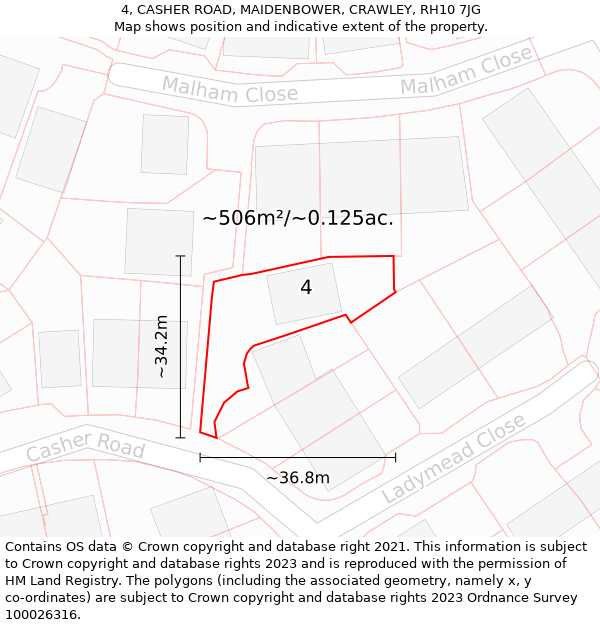 4, CASHER ROAD, MAIDENBOWER, CRAWLEY, RH10 7JG: Plot and title map