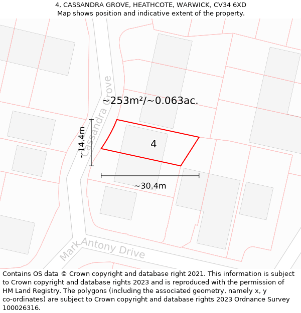 4, CASSANDRA GROVE, HEATHCOTE, WARWICK, CV34 6XD: Plot and title map