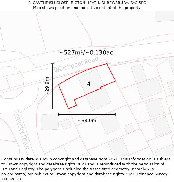 4, CAVENDISH CLOSE, BICTON HEATH, SHREWSBURY, SY3 5PG: Plot and title map