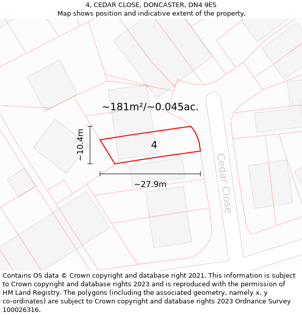 4, CEDAR CLOSE, DONCASTER, DN4 9ES: Plot and title map