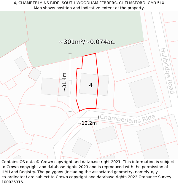 4, CHAMBERLAINS RIDE, SOUTH WOODHAM FERRERS, CHELMSFORD, CM3 5LX: Plot and title map