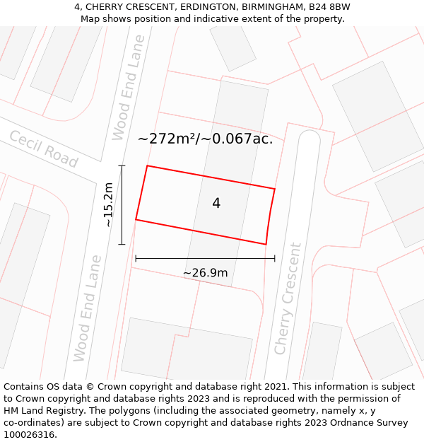 4, CHERRY CRESCENT, ERDINGTON, BIRMINGHAM, B24 8BW: Plot and title map