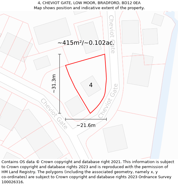 4, CHEVIOT GATE, LOW MOOR, BRADFORD, BD12 0EA: Plot and title map