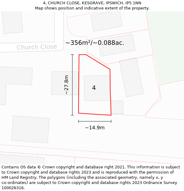 4, CHURCH CLOSE, KESGRAVE, IPSWICH, IP5 1NN: Plot and title map