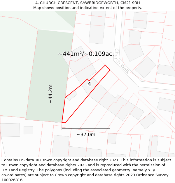 4, CHURCH CRESCENT, SAWBRIDGEWORTH, CM21 9BH: Plot and title map