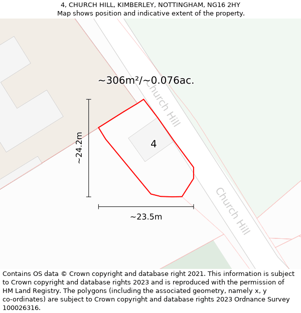 4, CHURCH HILL, KIMBERLEY, NOTTINGHAM, NG16 2HY: Plot and title map