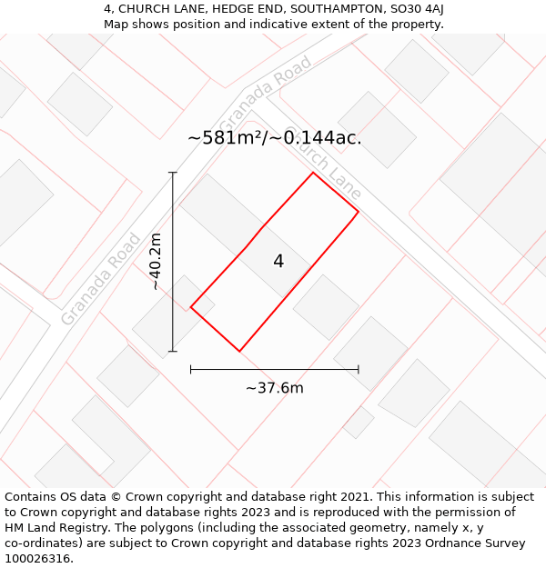 4, CHURCH LANE, HEDGE END, SOUTHAMPTON, SO30 4AJ: Plot and title map