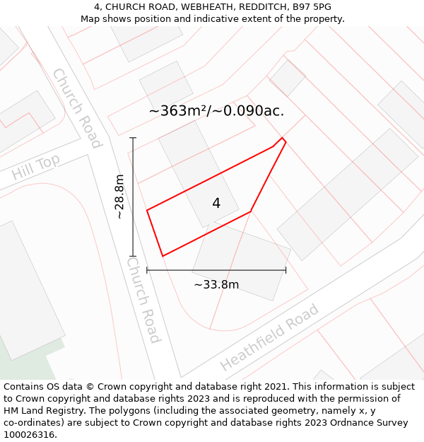 4, CHURCH ROAD, WEBHEATH, REDDITCH, B97 5PG: Plot and title map