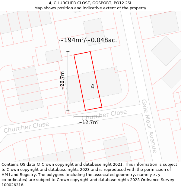 4, CHURCHER CLOSE, GOSPORT, PO12 2SL: Plot and title map