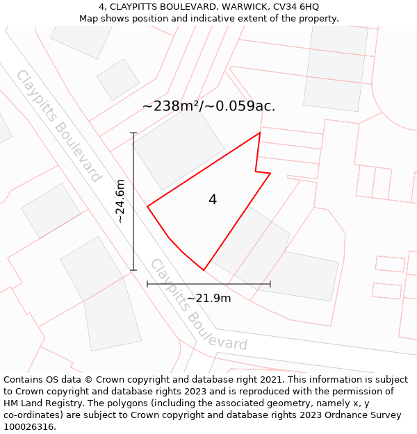 4, CLAYPITTS BOULEVARD, WARWICK, CV34 6HQ: Plot and title map