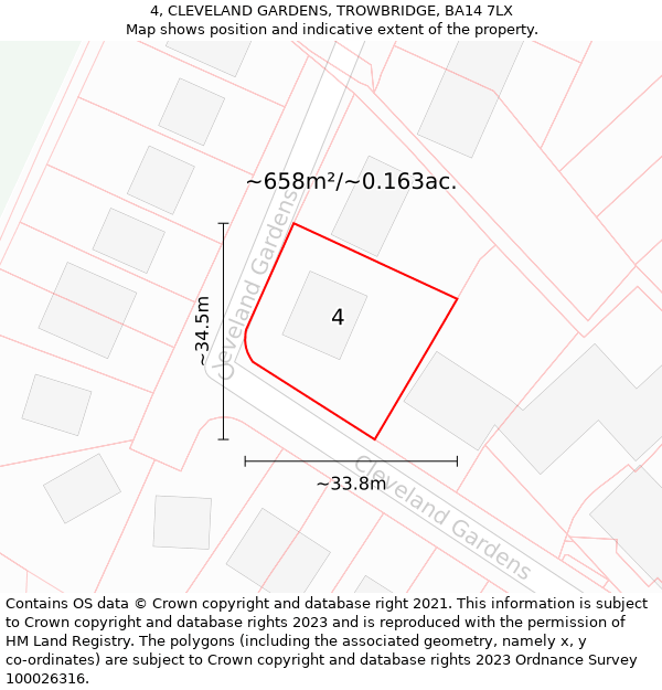 4, CLEVELAND GARDENS, TROWBRIDGE, BA14 7LX: Plot and title map