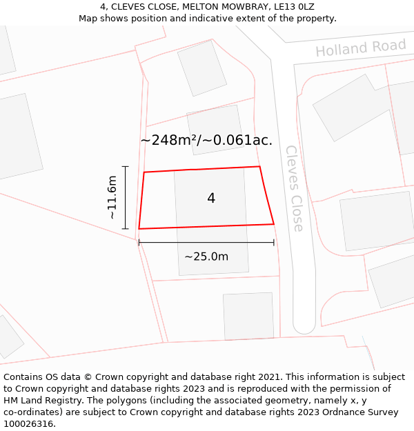 4, CLEVES CLOSE, MELTON MOWBRAY, LE13 0LZ: Plot and title map