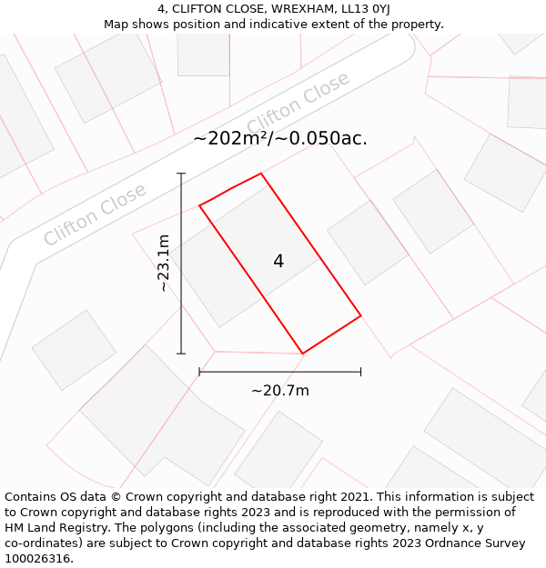 4, CLIFTON CLOSE, WREXHAM, LL13 0YJ: Plot and title map