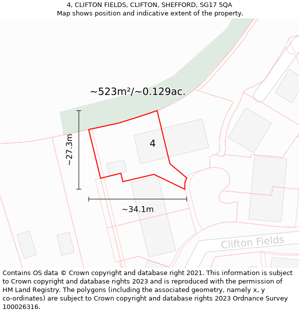 4, CLIFTON FIELDS, CLIFTON, SHEFFORD, SG17 5QA: Plot and title map