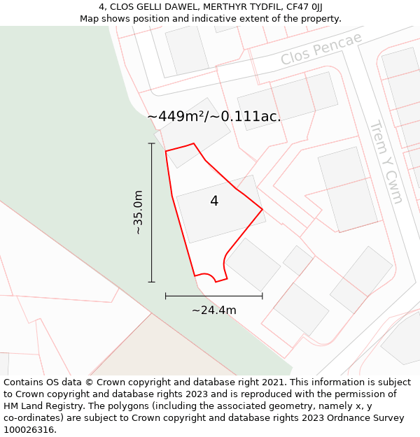 4, CLOS GELLI DAWEL, MERTHYR TYDFIL, CF47 0JJ: Plot and title map