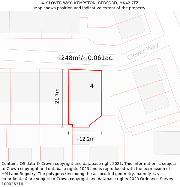 4, CLOVER WAY, KEMPSTON, BEDFORD, MK42 7FZ: Plot and title map