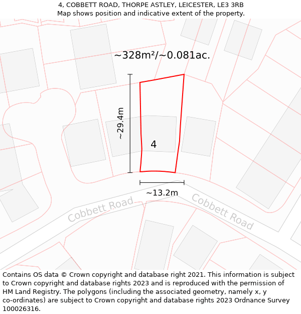 4, COBBETT ROAD, THORPE ASTLEY, LEICESTER, LE3 3RB: Plot and title map