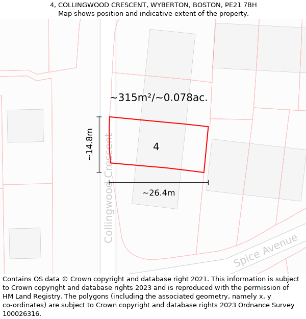 4, COLLINGWOOD CRESCENT, WYBERTON, BOSTON, PE21 7BH: Plot and title map