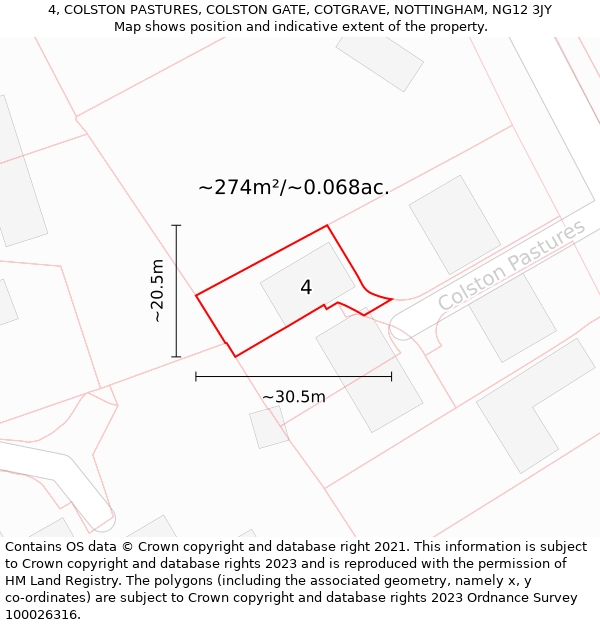 4, COLSTON PASTURES, COLSTON GATE, COTGRAVE, NOTTINGHAM, NG12 3JY: Plot and title map