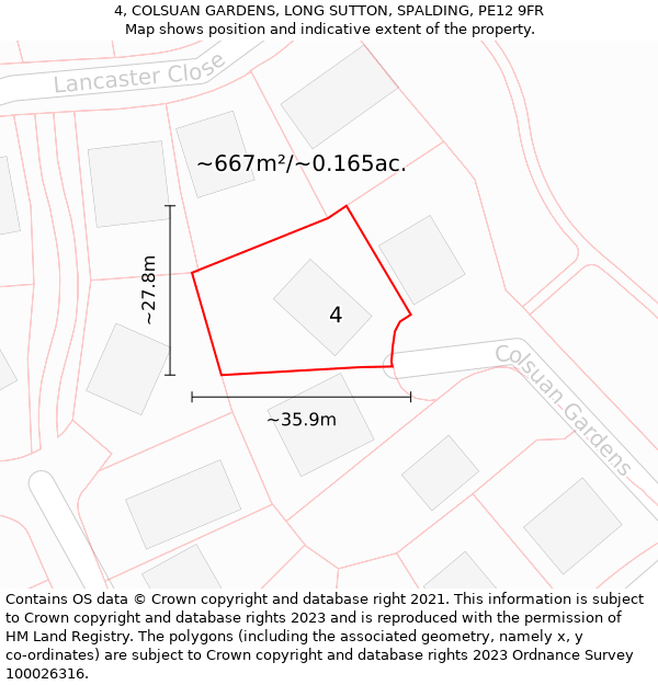 4, COLSUAN GARDENS, LONG SUTTON, SPALDING, PE12 9FR: Plot and title map