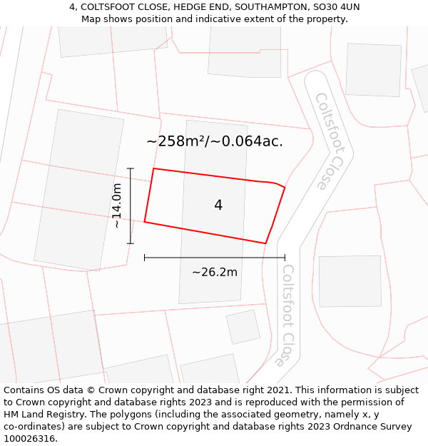 4, COLTSFOOT CLOSE, HEDGE END, SOUTHAMPTON, SO30 4UN: Plot and title map