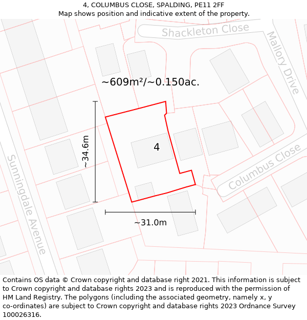 4, COLUMBUS CLOSE, SPALDING, PE11 2FF: Plot and title map