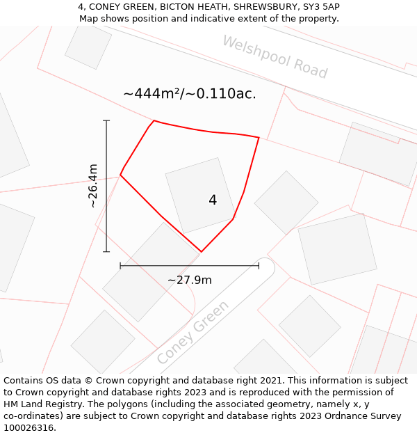 4, CONEY GREEN, BICTON HEATH, SHREWSBURY, SY3 5AP: Plot and title map