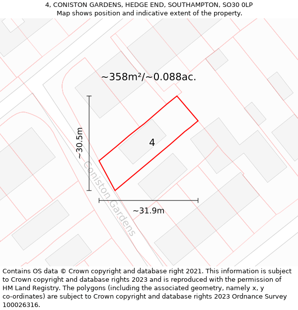 4, CONISTON GARDENS, HEDGE END, SOUTHAMPTON, SO30 0LP: Plot and title map