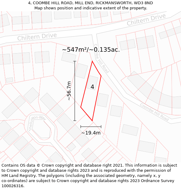 4, COOMBE HILL ROAD, MILL END, RICKMANSWORTH, WD3 8ND: Plot and title map