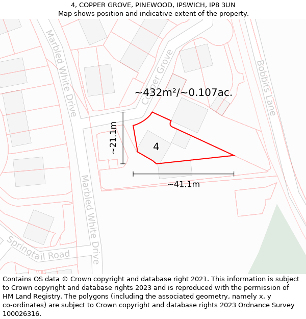 4, COPPER GROVE, PINEWOOD, IPSWICH, IP8 3UN: Plot and title map