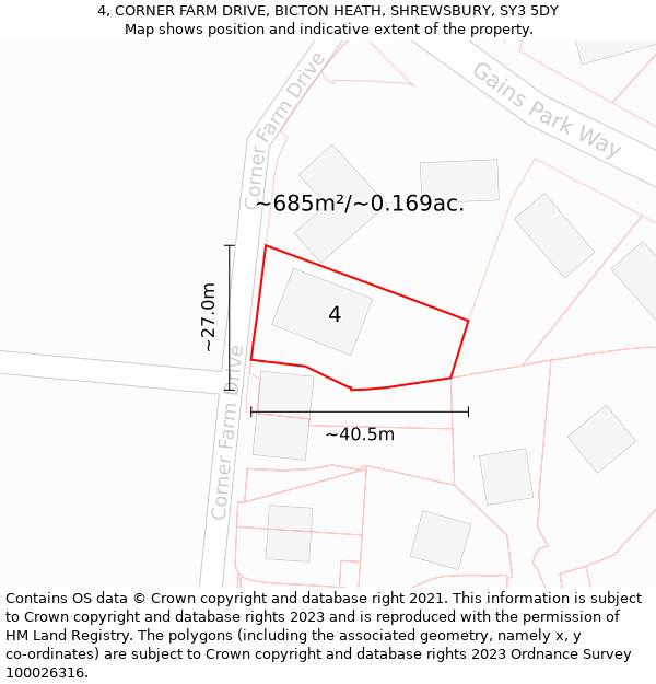 4, CORNER FARM DRIVE, BICTON HEATH, SHREWSBURY, SY3 5DY: Plot and title map