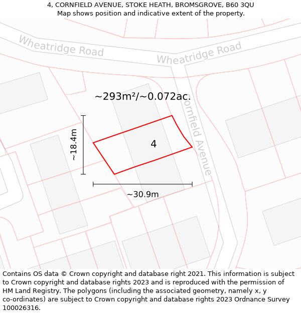 4, CORNFIELD AVENUE, STOKE HEATH, BROMSGROVE, B60 3QU: Plot and title map