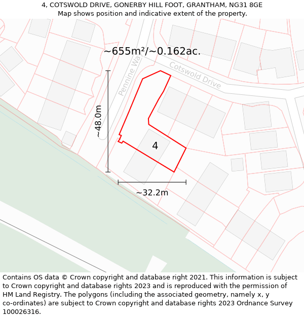 4, COTSWOLD DRIVE, GONERBY HILL FOOT, GRANTHAM, NG31 8GE: Plot and title map